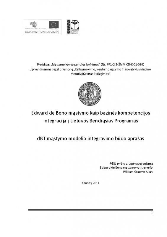 Edward de Bono mąstymo kaip bazinės kompetencijos  integracija į Lietuvos Bendrąsias programas